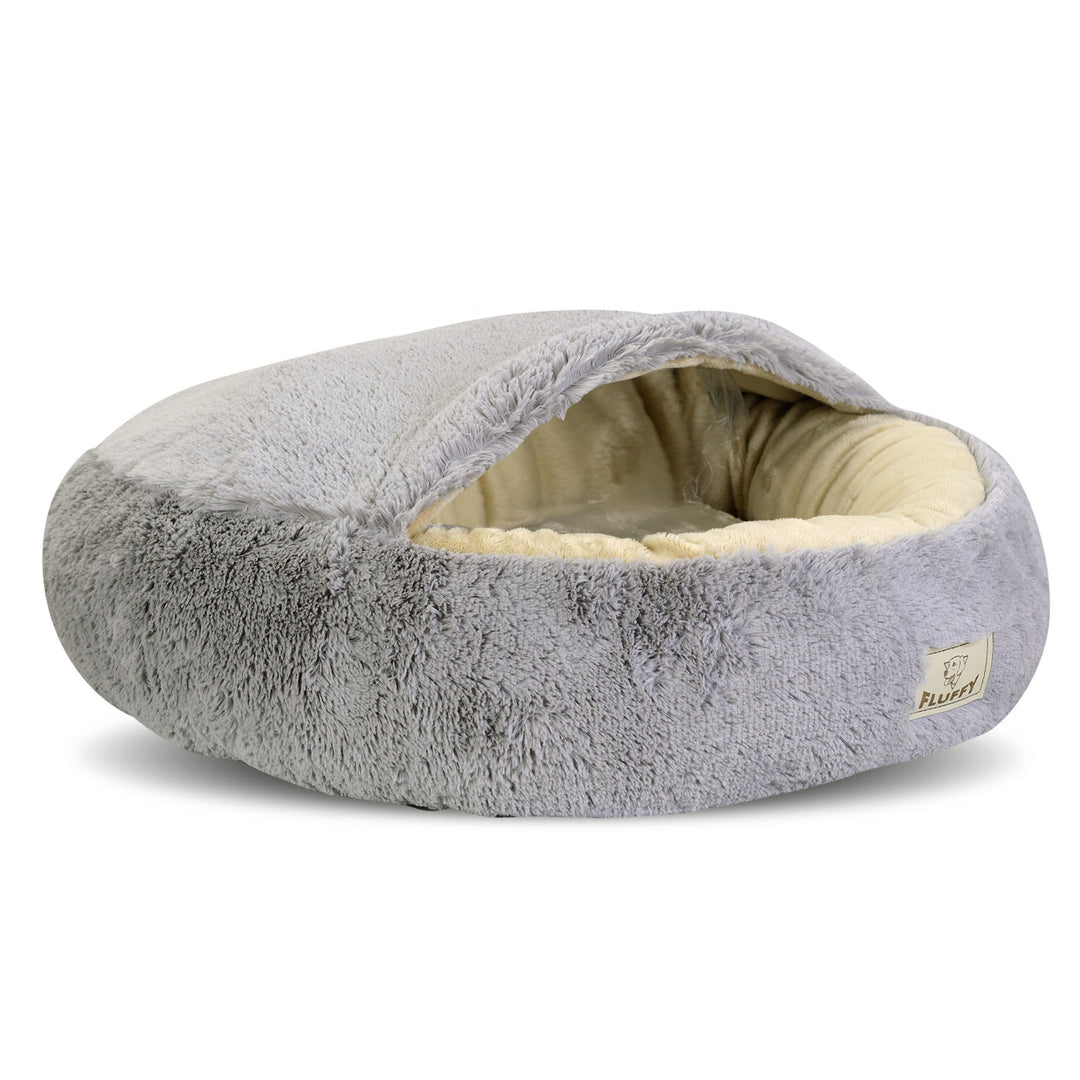 Shaggy Fluffy Pet Bed with Hood Bed for Cats/Dogs Cuddle Bed Dog Bed Cat Bed Minky Hair Shaggy 18 mm Silicone Filling Light Gray (Diameter: 70 cm)