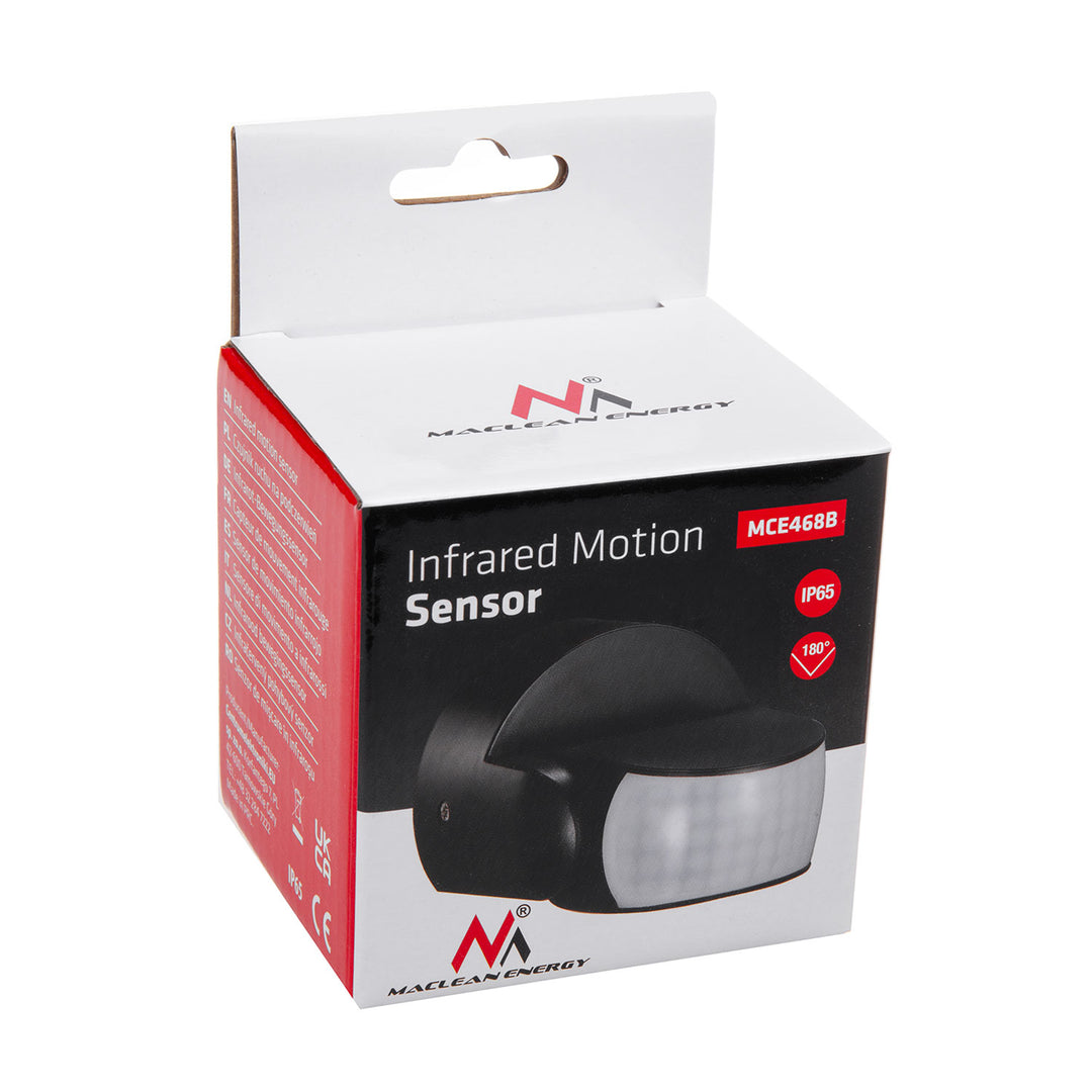 Maclean MCE468 B PIR Motion Sensor Infrared IP65 White Range 12m max load 600/1200W 180° Detection Angle Black