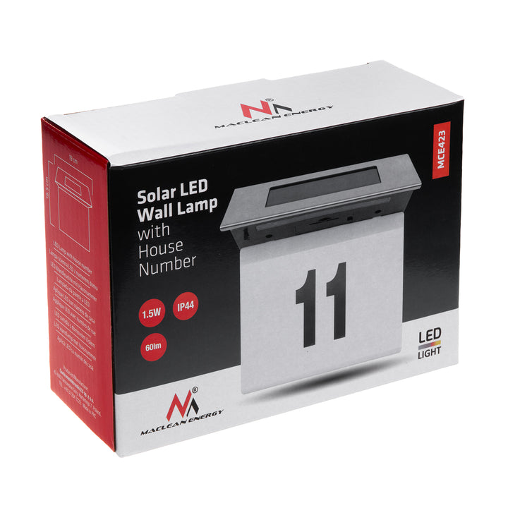 Maclean MCE423 Solar LED Lamp with House Number Includes Letters and Numbers, IP44, 1W, 60lm, 6000K, 600 mAh Rechargeable Battery, 2,5V DC 70mA