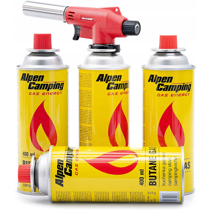 Alpen Camping cartridge burner, flame temperature 1350 degrees C., piezo ignition, flame control, VULCANO + 4 cartridges