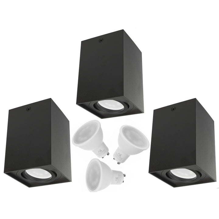 3x Maclean tube / surface mounted luminaire, spot, square, aluminum, GU10, 80x80x115mm, black color, MCE426 B + 3x LED 5W bulb