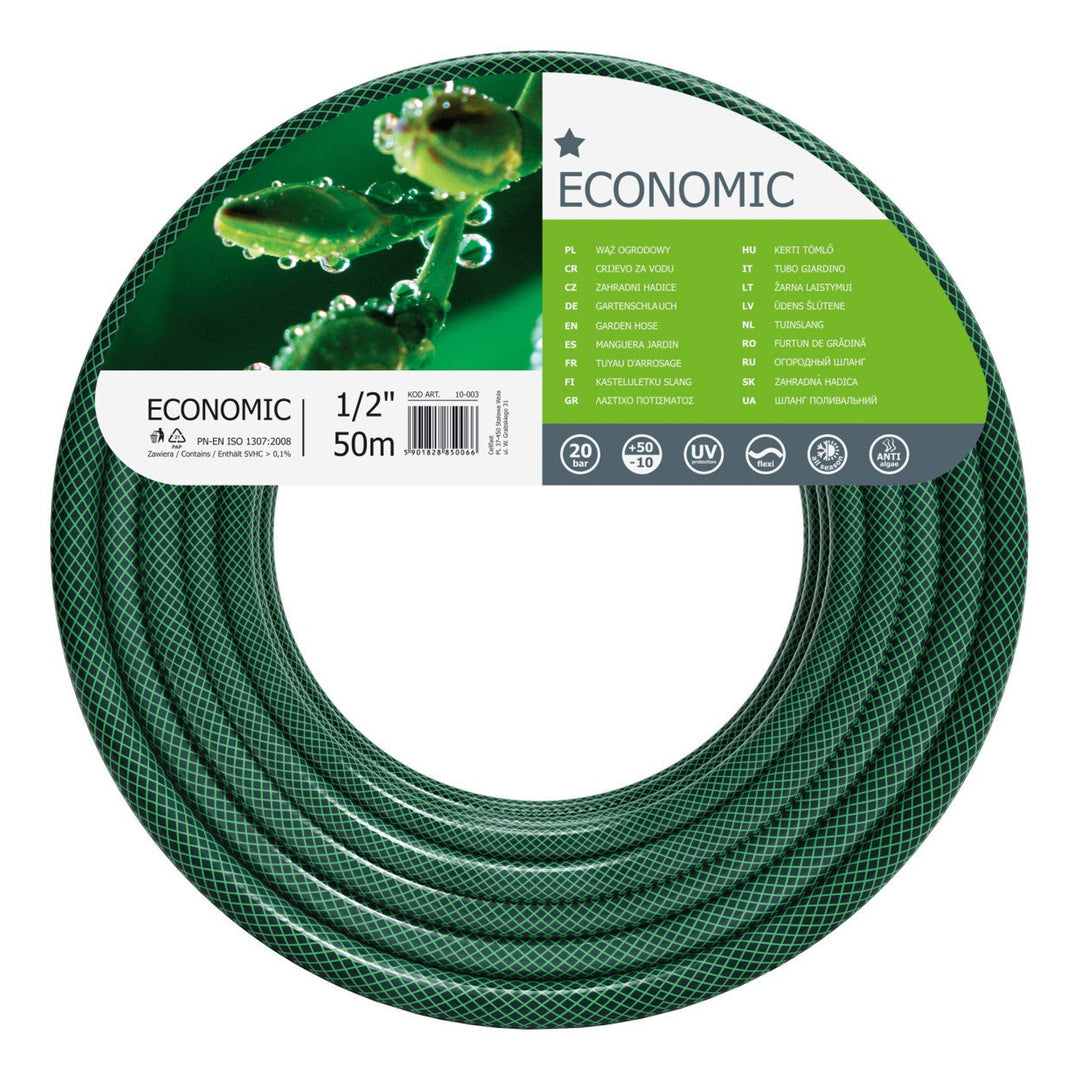 Cellfast garden kit, Economic 1/2'' 50m hose, Aluplus 1/2'' 60m cart, 3x 1/2'' quick coupler through, 1/2'' quick coupler stop, 1/2'' female threaded connection, straight sprinkler, 8-function pistol sprinkler, 1/2'' 3/4'' double coupler.