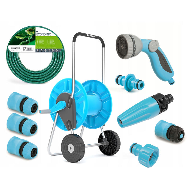 Cellfast garden kit, Economic 1/2'' 50m hose, Aluplus 1/2'' 60m cart, 3x 1/2'' quick coupler through, 1/2'' quick coupler stop, 1/2'' female threaded connection, straight sprinkler, 8-function pistol sprinkler, 1/2'' 3/4'' double coupler.