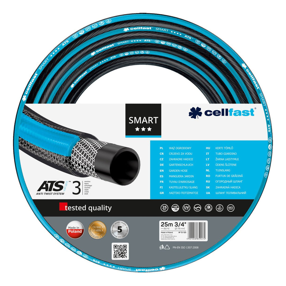 Cellfast garden kit, Smart ATS 3/4'' 25m hose, Aluplus 1/2'' 60m cart, 8-function pistol sprinkler, quick stop coupling, quick pass coupling, female threaded coupling, straight sprinkler, 3-arm rotary sprinkler