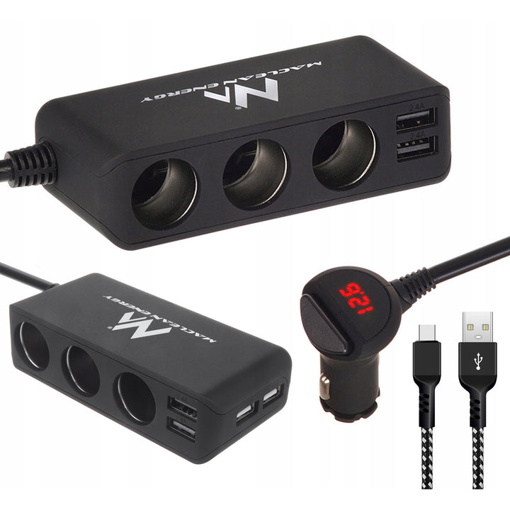 Maclean Car Lighter Socket Splitter, Voltmeter, 3 Lighter Sockets, 4xUSB, 4.8A, max 120W, Black, Rubberized, MCE117A+ USB-C Cable 1m