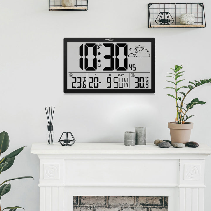 GreenBlue GB218 Extra Large LCD Wall Clock with Weather Station Temperature and Date Display