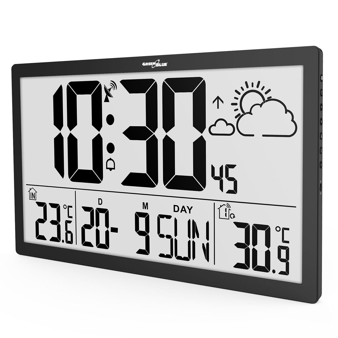 GreenBlue GB218 Extra Large LCD Wall Clock with Weather Station Temperature and Date Display