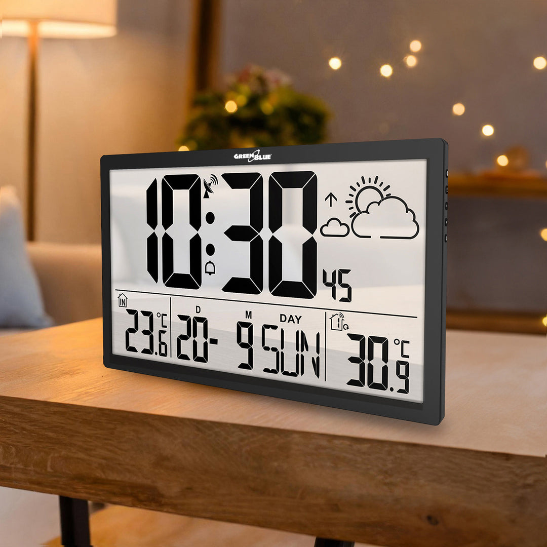 GreenBlue GB218 Extra Large LCD Wall Clock with Weather Station Temperature and Date Display