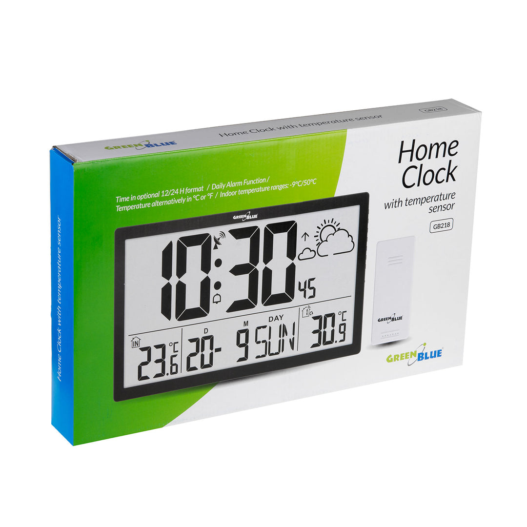 GreenBlue GB218 Extra Large LCD Wall Clock with Weather Station Temperature and Date Display