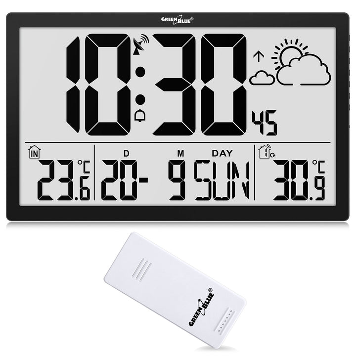 GreenBlue GB218 Extra Large LCD Wall Clock with Weather Station Temperature and Date Display