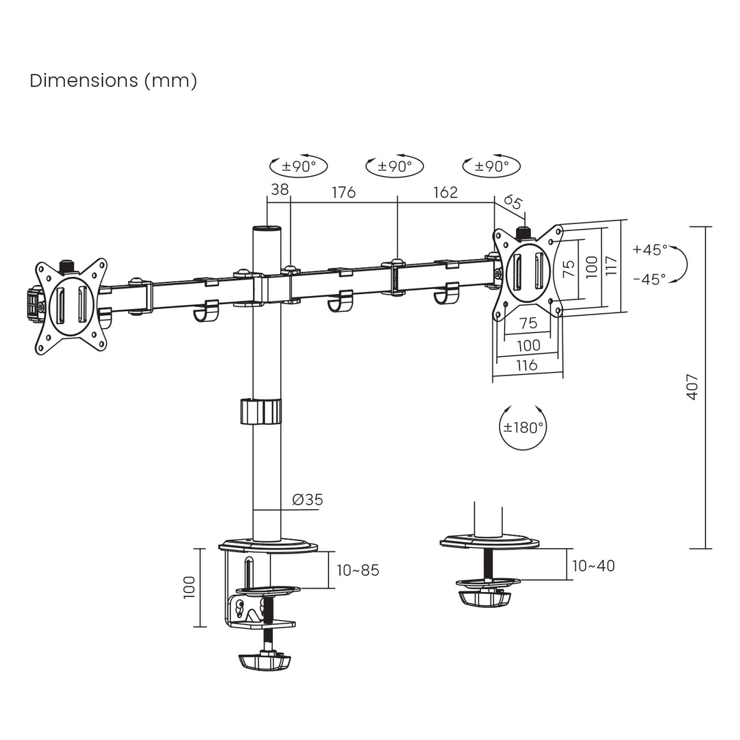 Maclean MC-754N Double Monitor Desk Mount Holder 17"-32" 2x 9kg VESA 75x75 100x100 Tilting Rotating HQ