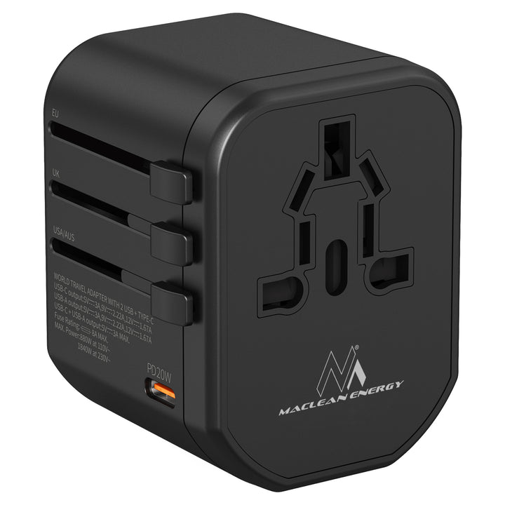 Maclean MCE238N Universal Travel Power Adapter USB 2xUSB 3A + USB-C PD 20W, 8A Fuse, Quick and Fast Charge 200 Countries Worldwide