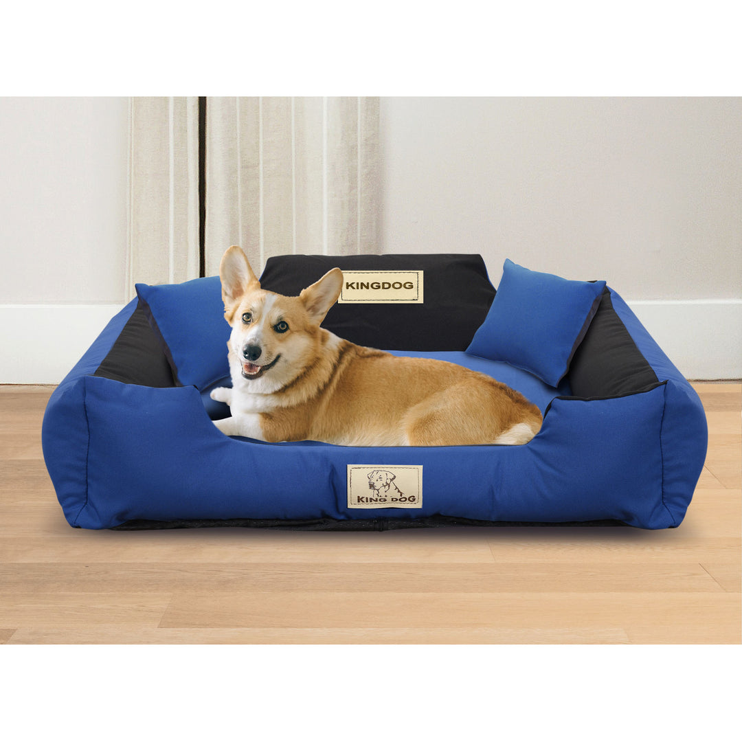 KingDog Panama Stretch Dog Bed Playpen Anti-slip Blue with Black Two Small Pillows in the Set 100x75 cm