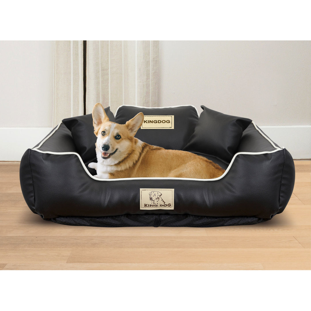 KingDog Ecoshine Dog Bed Playpen Anti-slip Black with White Border Two Small Pillows in the Set 75 x 65 cm