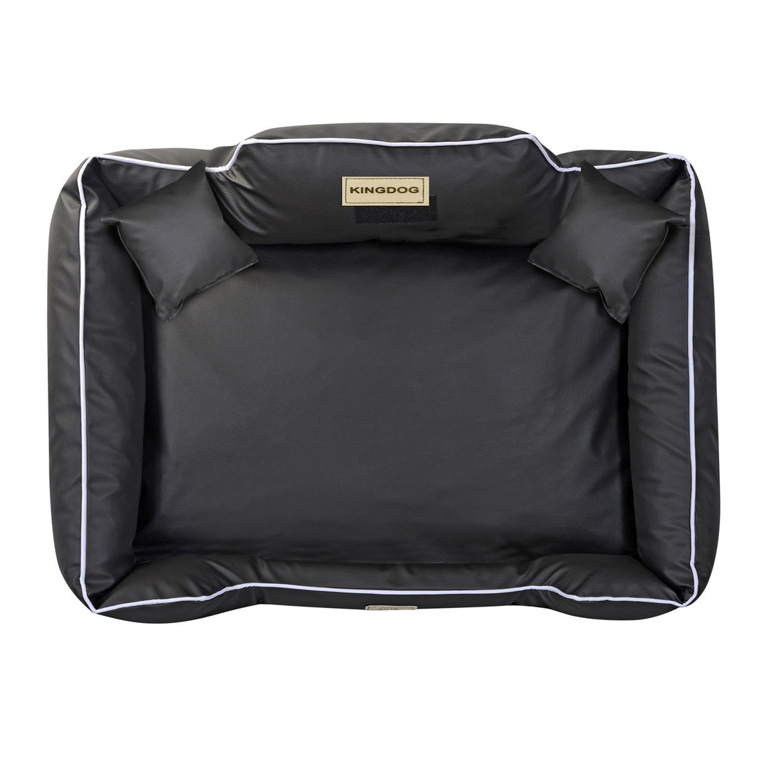 KingDog Ecoshine Dog Bed Anti-Slip Black with White Border + 2x Pillow XL 115x95 cm Faux Leather