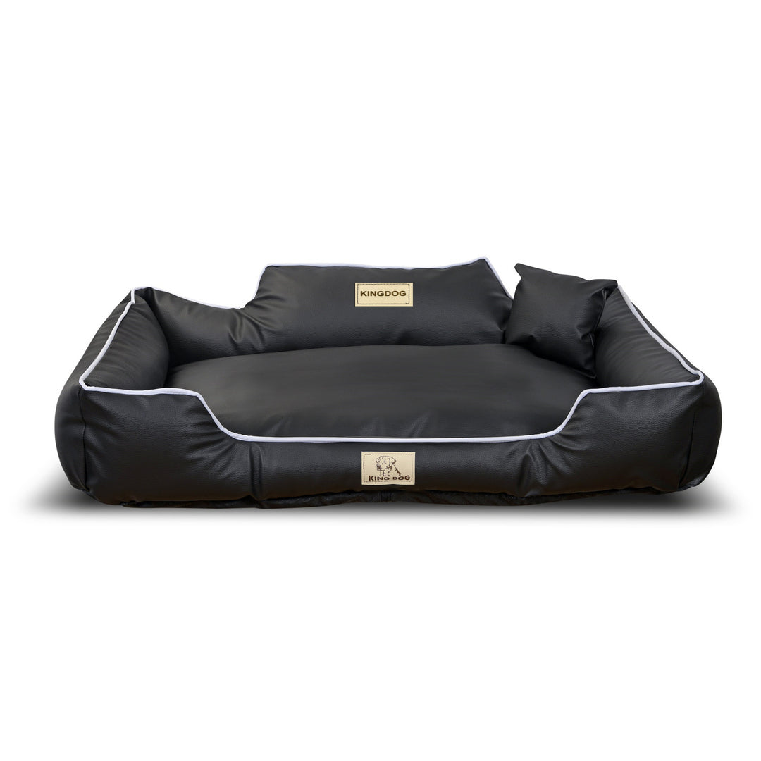 KingDog Ecoshine Dog Bed Anti-Slip Black with White Border + 2x Pillow XL 115x95 cm Faux Leather