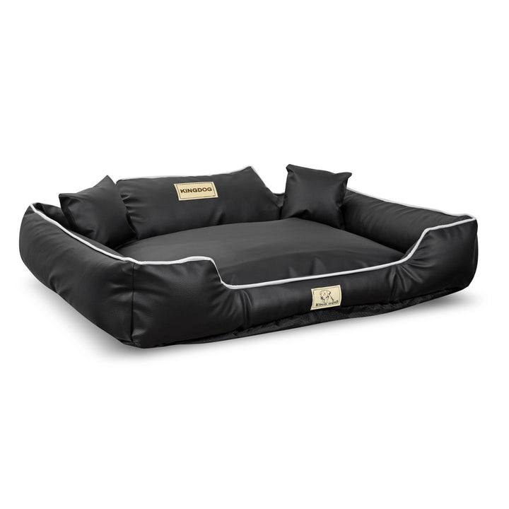 KingDog Ecoshine Dog Bed Anti-Slip Black with White Border + 2x Pillow XL 115x95 cm Faux Leather