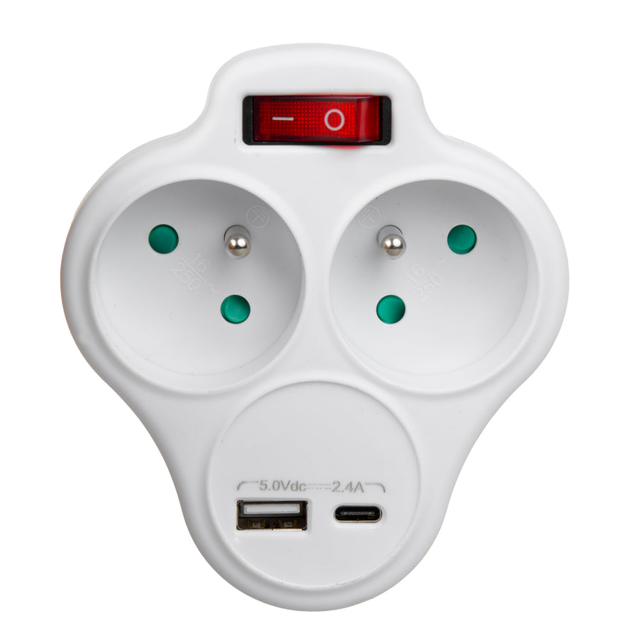 Maclean Power Outlet, 2-Outlet Power Strip with USB A/C 2.4A, Type E, 2x16A, MCE336 E