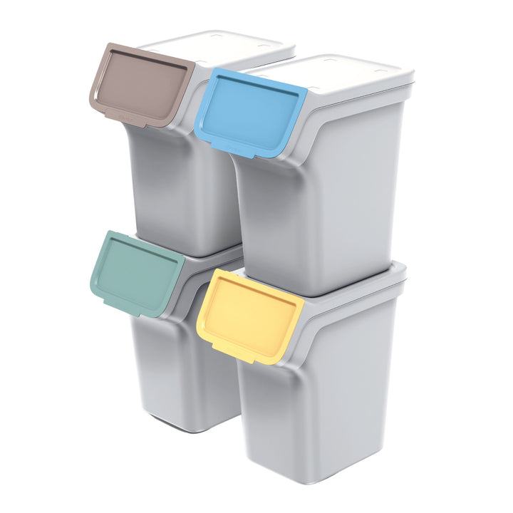 Keden Stackbox 4x 20L Recycling Sorting Waste Bin Set 3-Piece Light Grey Separation Garbage Trash Can Colour Coded Stay-in-Place Lid