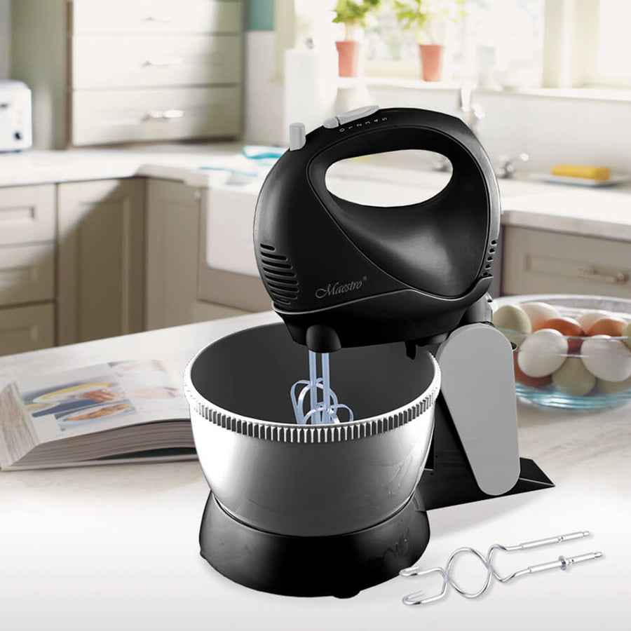 Maestro MR-550 Stand Kitchen Mixer Rotating Bowl 5 Speeds Turbo Mode 600W Black 2 Whisks Kneading Hooks