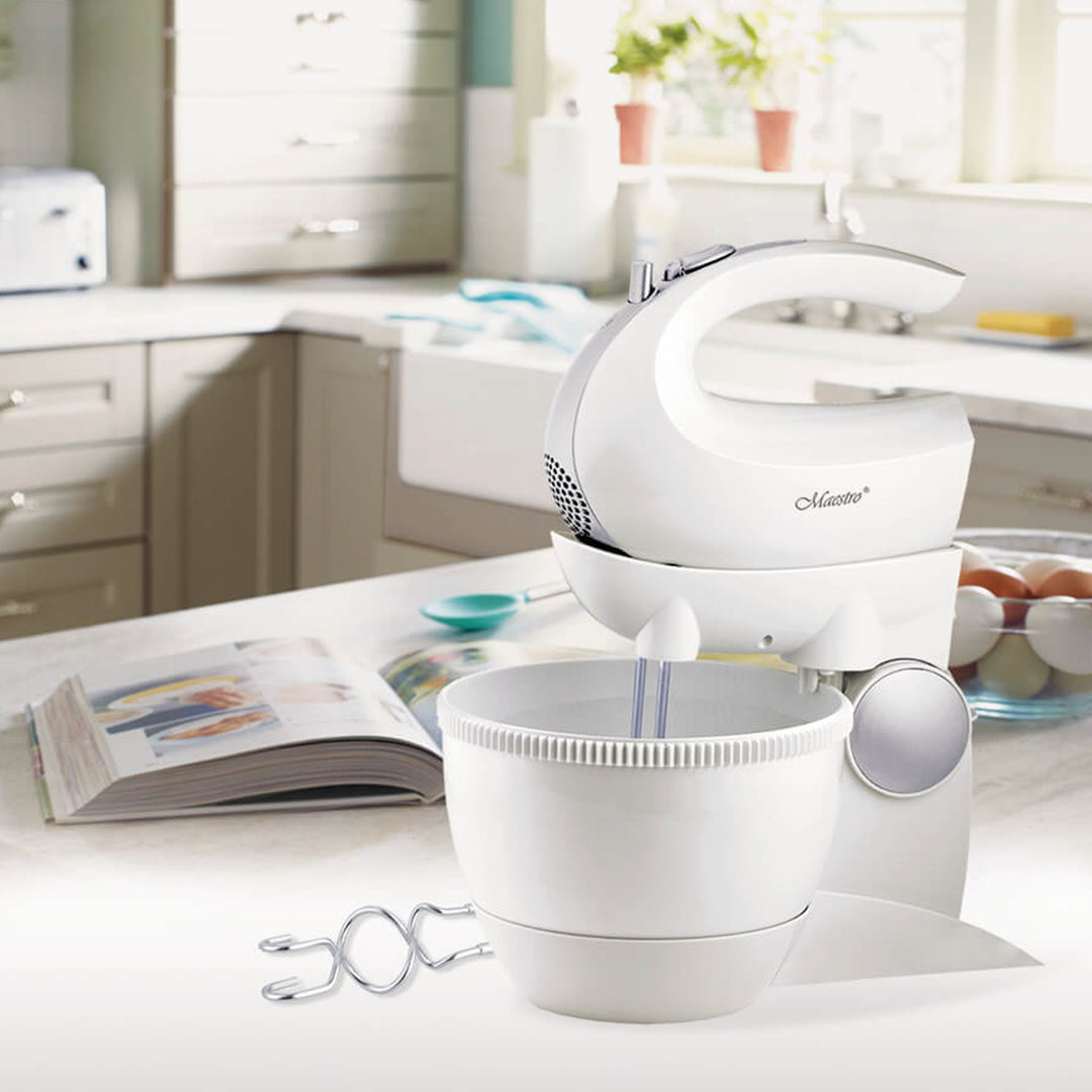 Maestro MR-556 Stand Mixer with Rotating Bowl 600W Turbo Mode 5 Speeds Dough Kneading Hooks Attachments + Mixing Whipping Whisks Kitchen Modern HQ