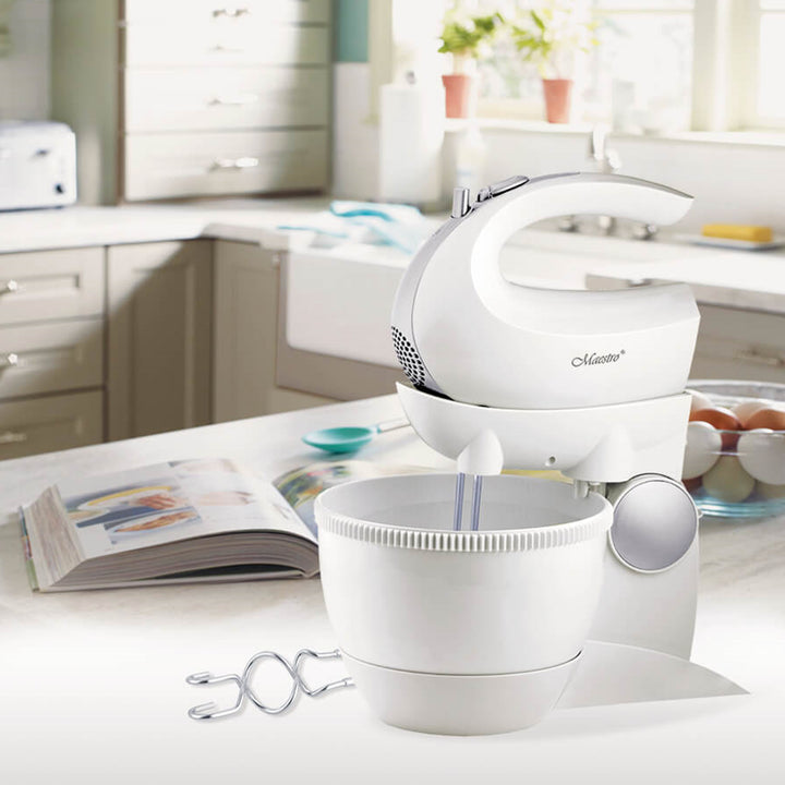 Maestro MR-556 Stand Mixer with Rotating Bowl 600W Turbo Mode 5 Speeds Dough Kneading Hooks Attachments + Mixing Whipping Whisks Kitchen Modern HQ
