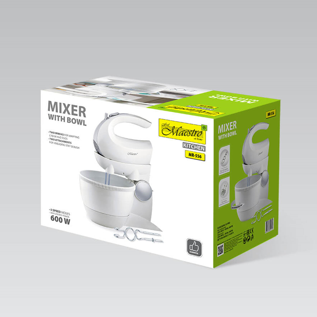 Maestro MR-556 Stand Mixer with Rotating Bowl 600W Turbo Mode 5 Speeds Dough Kneading Hooks Attachments + Mixing Whipping Whisks Kitchen Modern HQ