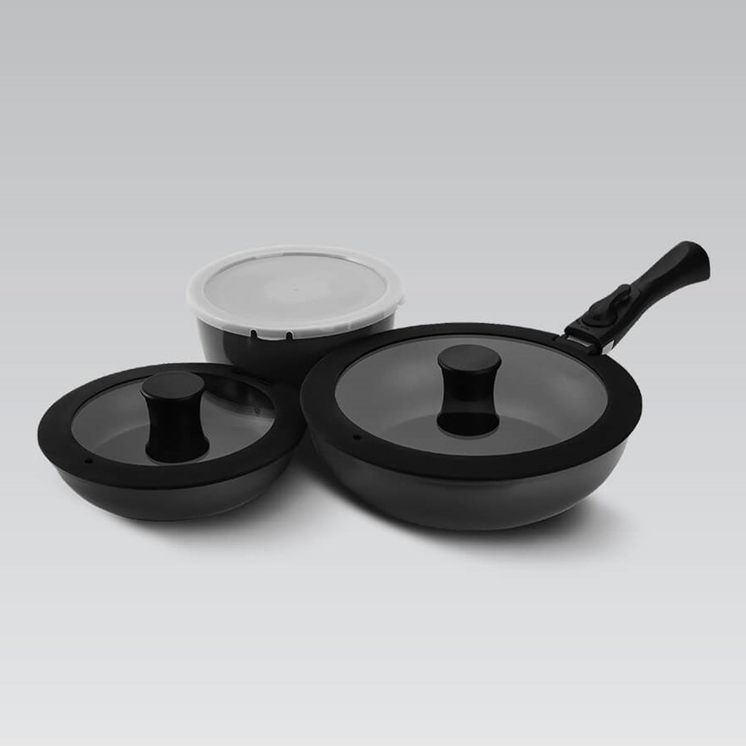 Maestro MR-4800-7 Universal 7-Piece Pan Set, Diameter 18 Pot with Plastic Lid, Diameter 20 Pan with Glass Lid, Diameter 26 Deep Pan with Glass Lid, Non-Stick Coating, with Removable Handle