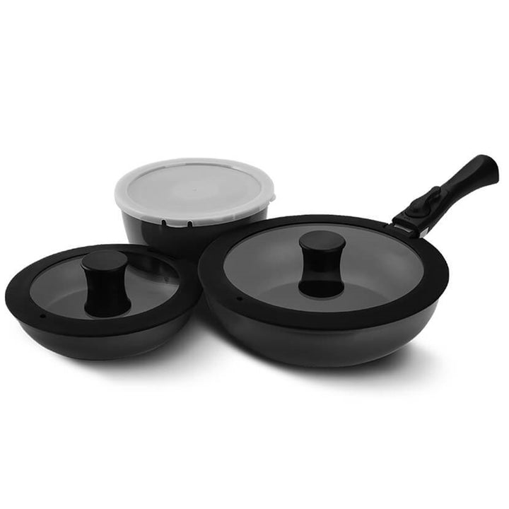 Maestro MR-4800-7 Universal 7-Piece Pan Set, Diameter 18 Pot with Plastic Lid, Diameter 20 Pan with Glass Lid, Diameter 26 Deep Pan with Glass Lid, Non-Stick Coating, with Removable Handle