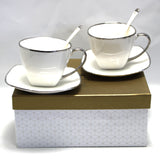 Queen Isabell W23SV60-06358 Platinum Porcelain Coffee Cup with Saucer Teaspoon Set 6-Piece Set for Two Gift Elegant High Quality
