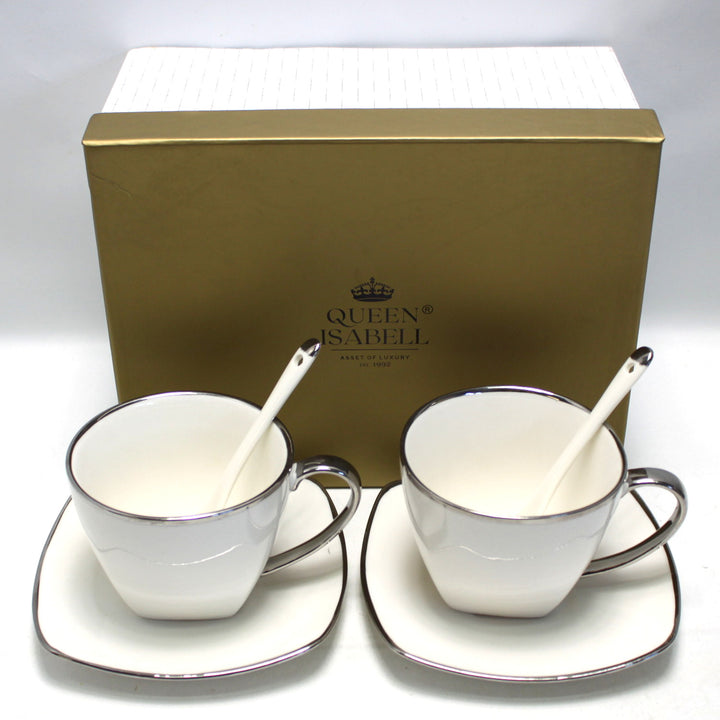 Queen Isabell W23SV60-06358 Platinum Porcelain Coffee Cup with Saucer Teaspoon Set 6-Piece Set for Two Gift Elegant High Quality