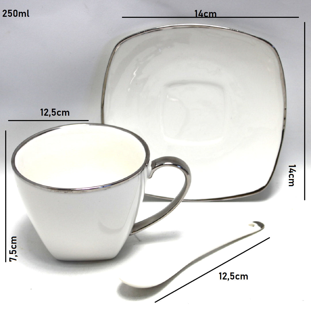 Queen Isabell W23SV60-06358 Platinum Porcelain Coffee Cup with Saucer Teaspoon Set 6-Piece Set for Two Gift Elegant High Quality