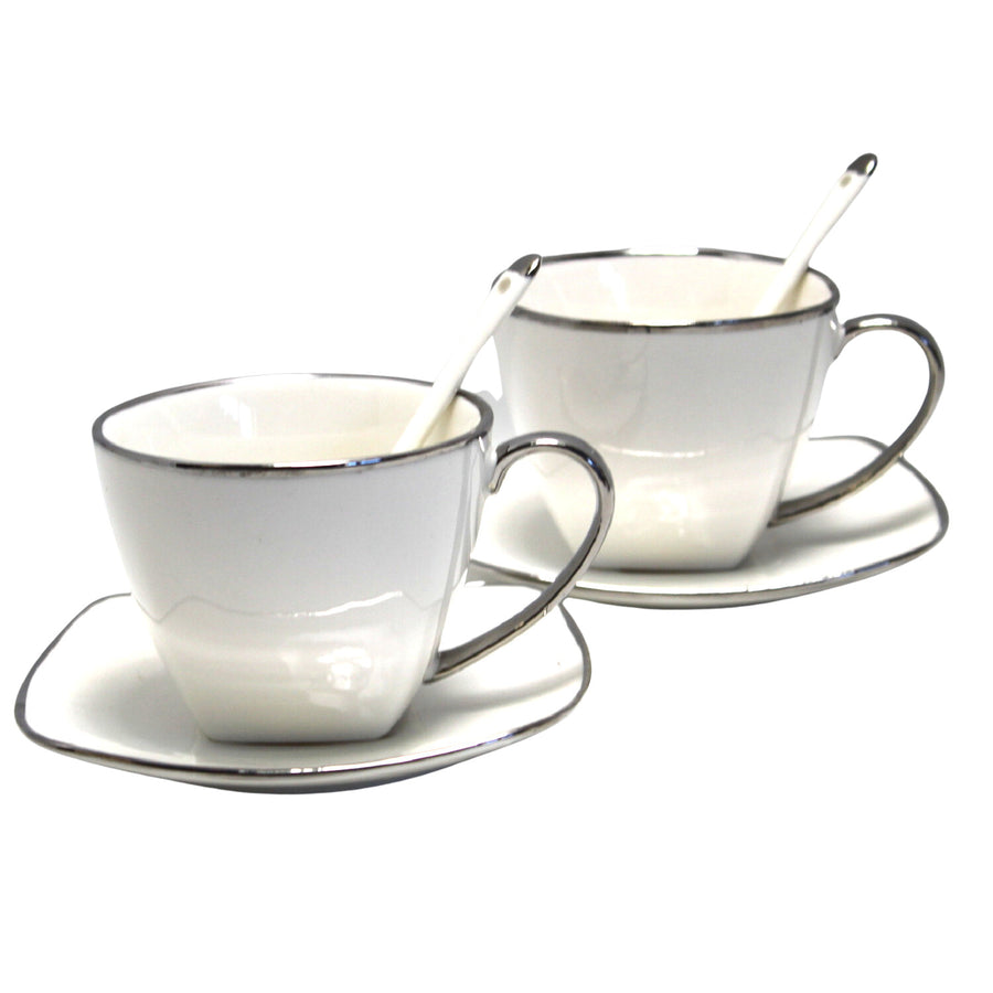 Queen Isabell W23SV60-06358 Platinum Porcelain Coffee Cup with Saucer Teaspoon Set 6-Piece Set for Two Gift Elegant High Quality