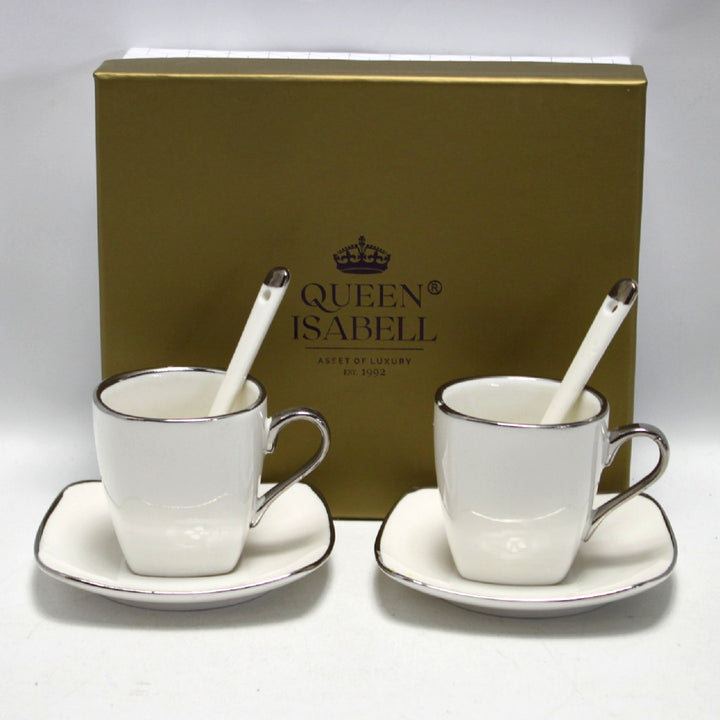 Queen Isabell Espresso Cups with Saucers 2 Piece Porcelain Set, Fine Bone China, 2x 80 ml, White with Silver