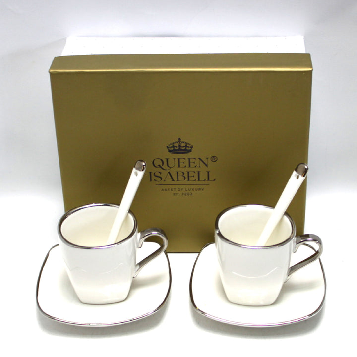 Queen Isabell Espresso Cups with Saucers 2 Piece Porcelain Set, Fine Bone China, 2x 80 ml, White with Silver