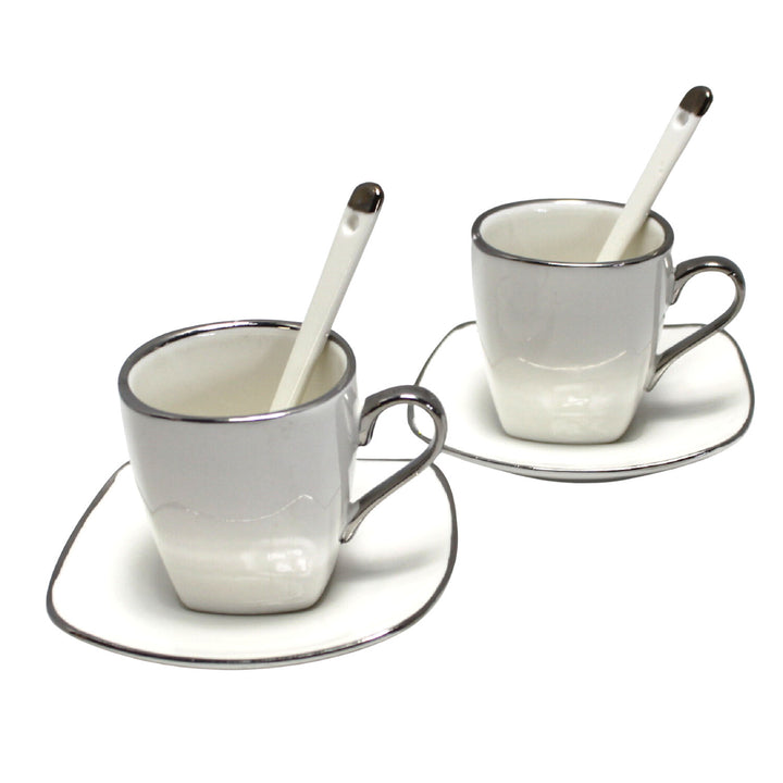 Queen Isabell Espresso Cups with Saucers 2 Piece Porcelain Set, Fine Bone China, 2x 80 ml, White with Silver