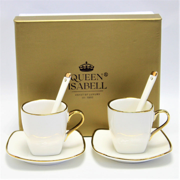 Queen Isabell Espresso Cups with Saucers 2 Piece Porcelain Set, Fine Bone China, 2x 80 ml, White with Gold