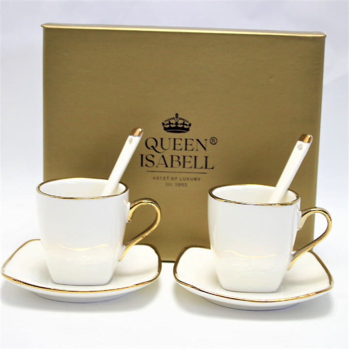 Queen Isabell Espresso Cups with Saucers 2 Piece Porcelain Set, Fine Bone China, 2x 80 ml, White with Gold