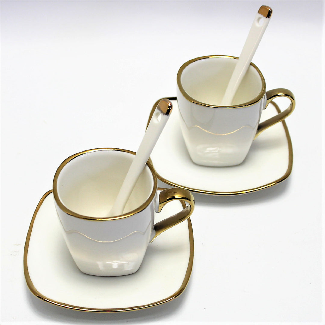 Queen Isabell Espresso Cups with Saucers 2 Piece Porcelain Set, Fine Bone China, 2x 80 ml, White with Gold