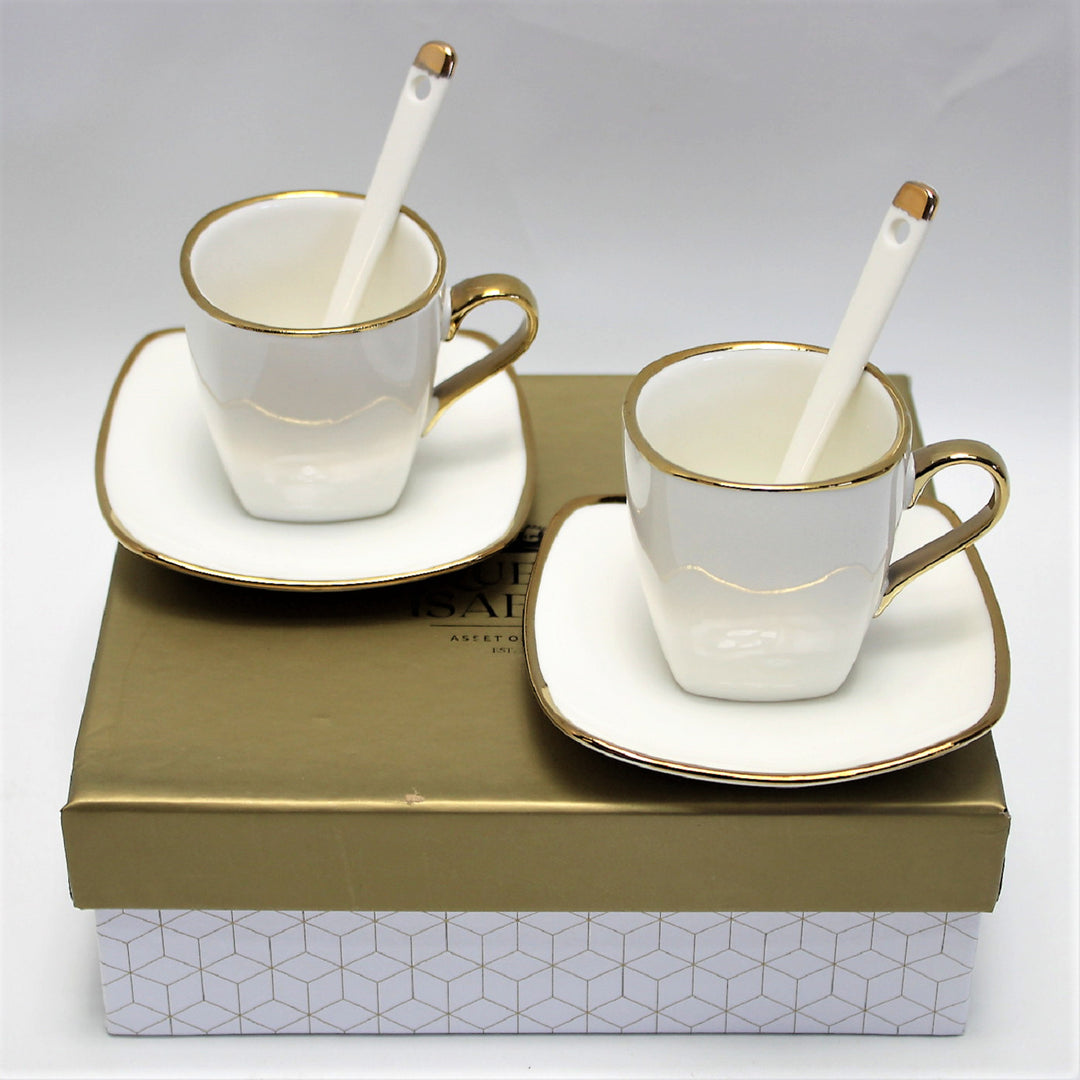 Queen Isabell Espresso Cups with Saucers 2 Piece Porcelain Set, Fine Bone China, 2x 80 ml, White with Gold