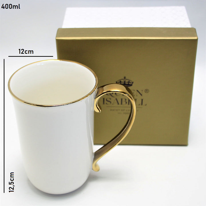 Queen Isabell W23GD59-06426 Large Porcelain Coffee Mug 400ml Coffee Cup White with Gold