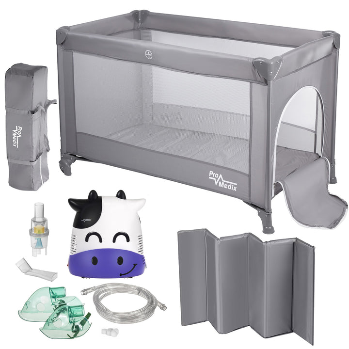 Promedix travel crib, 125x65x74cm, grey, casters, protective cover, PR-803 G + PR-810 fudge baby inhaler