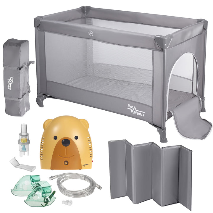 Promedix travel crib, 125x65x74cm, grey, casters, protective cover, PR-803 G + Baby bear inhaler PR-811