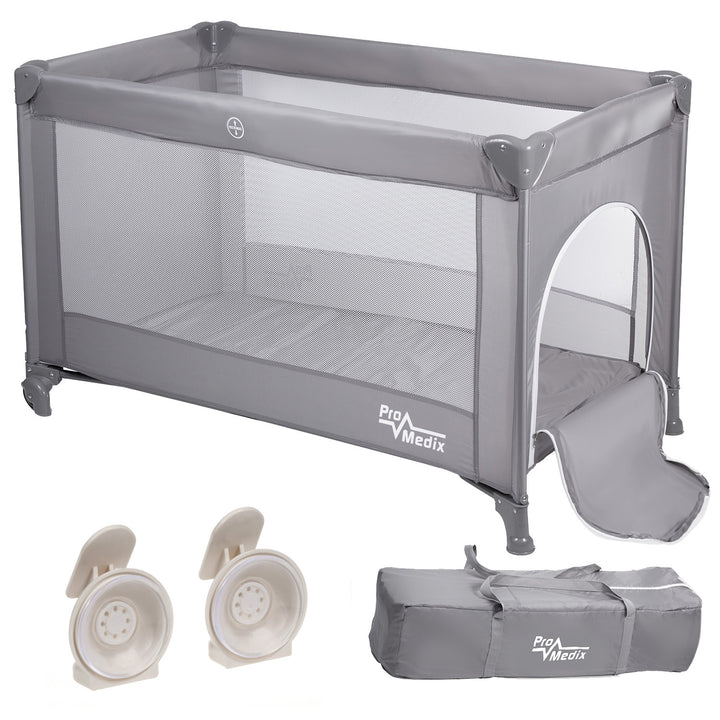 Promedix travel crib, 125x65x74cm, grey, casters, protective cover, PR-803 G + Sliding door lock 2pcs GB116