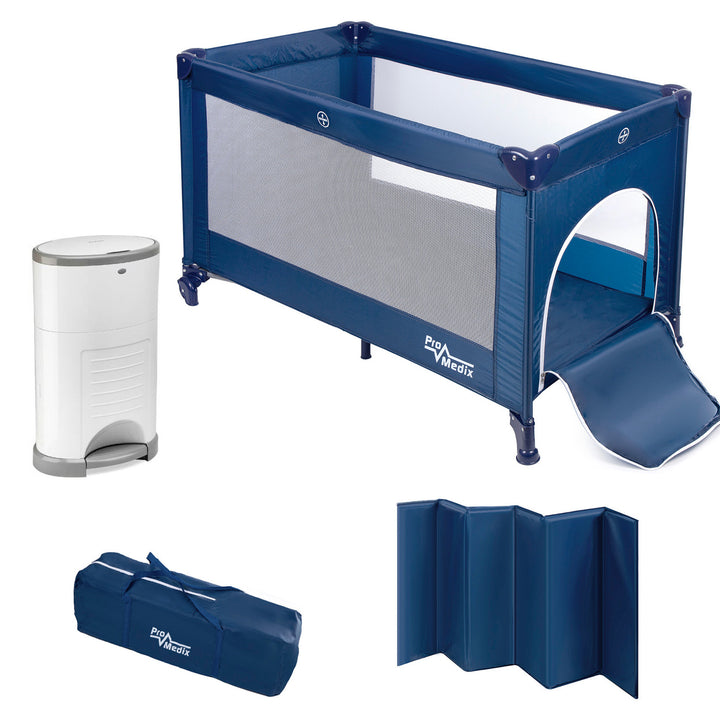 Promedix Travel Cot & Korbell Nappy Bin Set 125x65x74cm Blue Casters Protective Cover PR-803B + Korbell 26L Nappy Disposal Bin