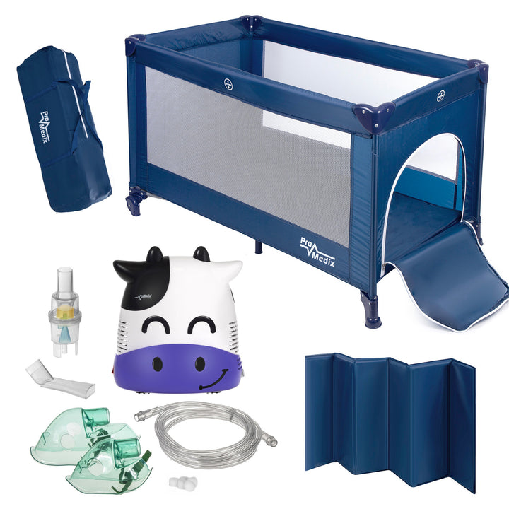 Promedix travel crib,125x65x74cm, blue, casters, protective cover, PR-803B + PR-810 fudge baby inhaler