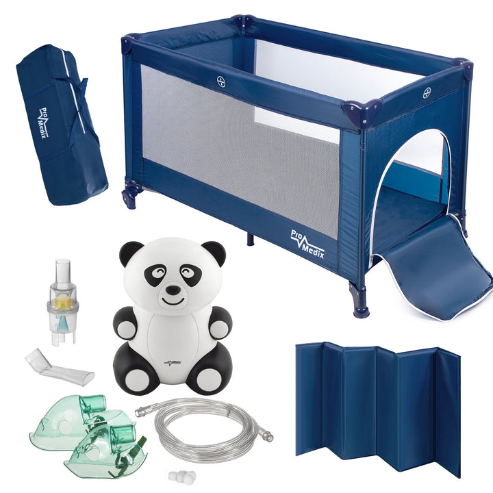 Promedix travel crib,125x65x74cm, blue, casters, protective cover, PR-803B + Panda baby inhaler PR-812