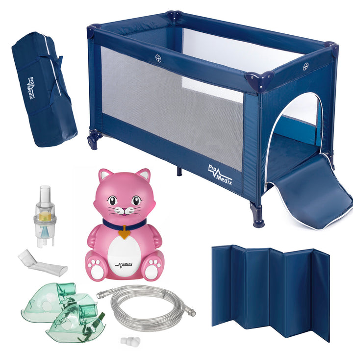 Promedix travel crib,125x65x74cm, blue, casters, protective cover, PR-803B + PR-816 cat baby inhaler