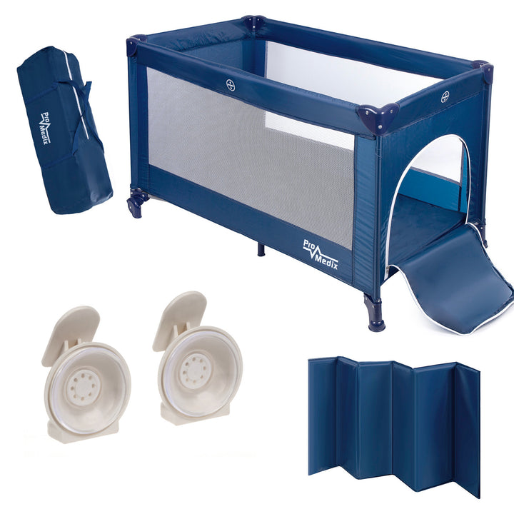 Promedix travel crib,125x65x74cm, blue, casters, protective cover, PR-803B + Sliding door lock 2pcs GB116