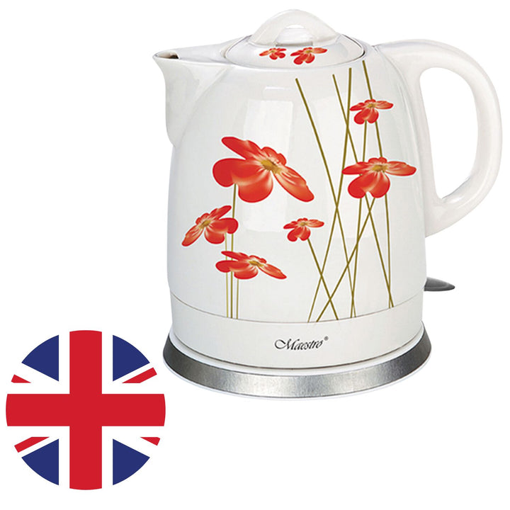 Maestro MR066 Ceramic Electric Kettle 1.5L - Red Poppy Flower Pattern 1200W Plastic-Free Water Cordless Swivel Base